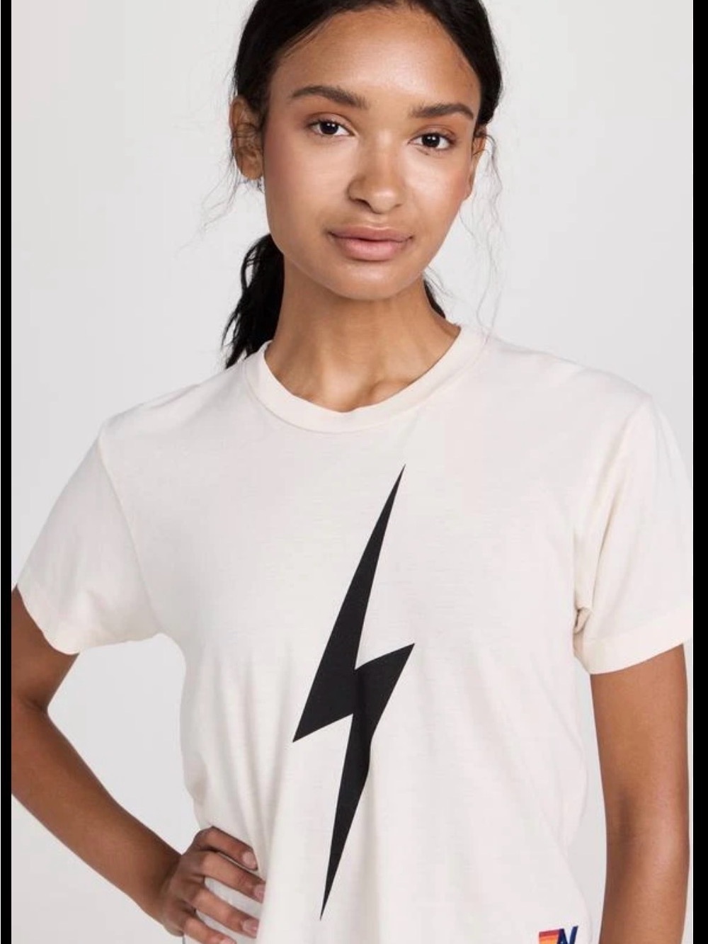 Aviator Nation Cream Tee with Black Lightning Bolt